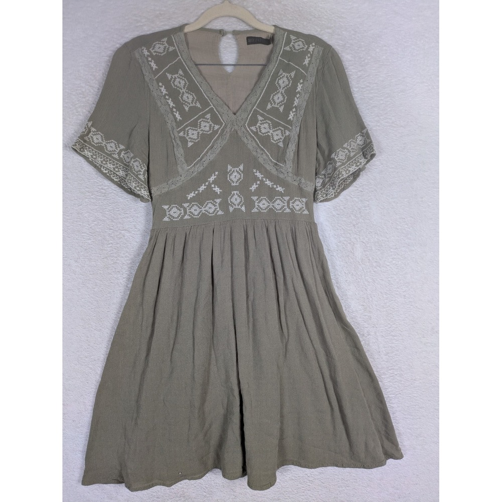 MIKAROSE Dress Women's Small Olive Green Embroidered Lace Trim Fit & Flare